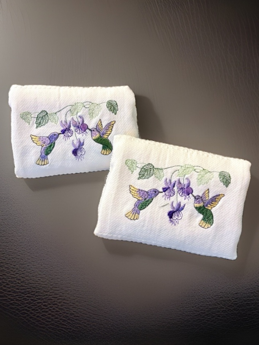 Handmade Embroidered Hummingbird Hand Towel Set of 2 White Cotton Guest Towels